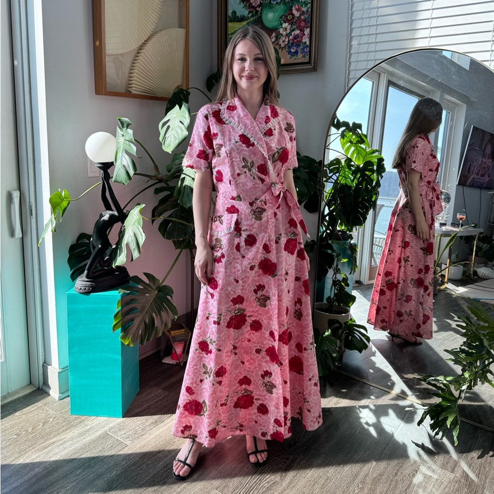 Vintage 1950s Wrap Rose Floral Maxi Dress EUC Sz 12 M/L